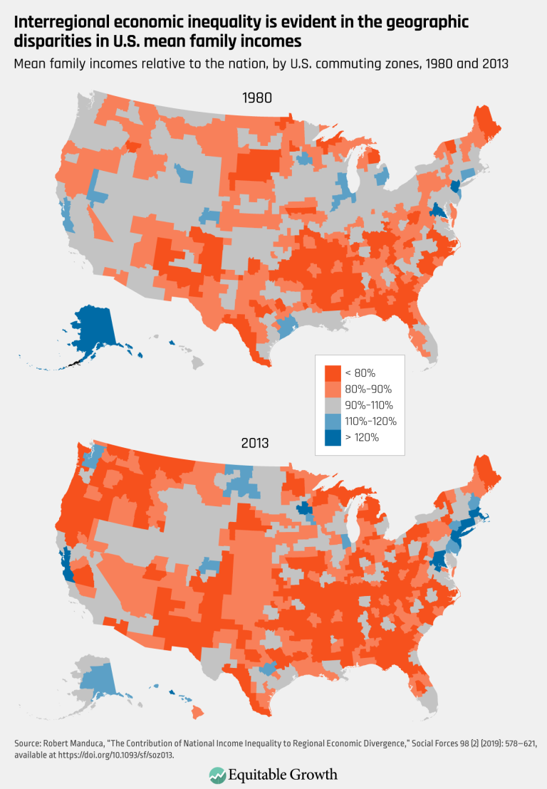 Interregional economic inequality is evident in the geographic disparities in U.S. mean family incomes