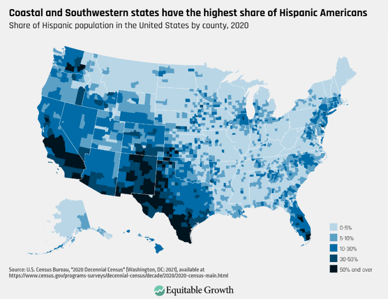 Coastal and Southwestern states have the highest share of Hispanic Americans