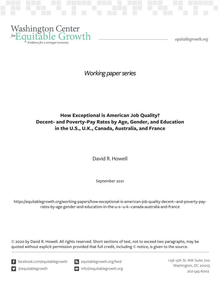 How Exceptional is American Job Quality? Decent- and Poverty-Pay Rates by Age, Gender, and Education in the U.S., U.K., Canada, Australia, and France*