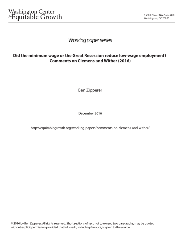 Did the minimum wage or the Great Recession reduce low-wage employment? Comments on Clemens and Wither (2016)