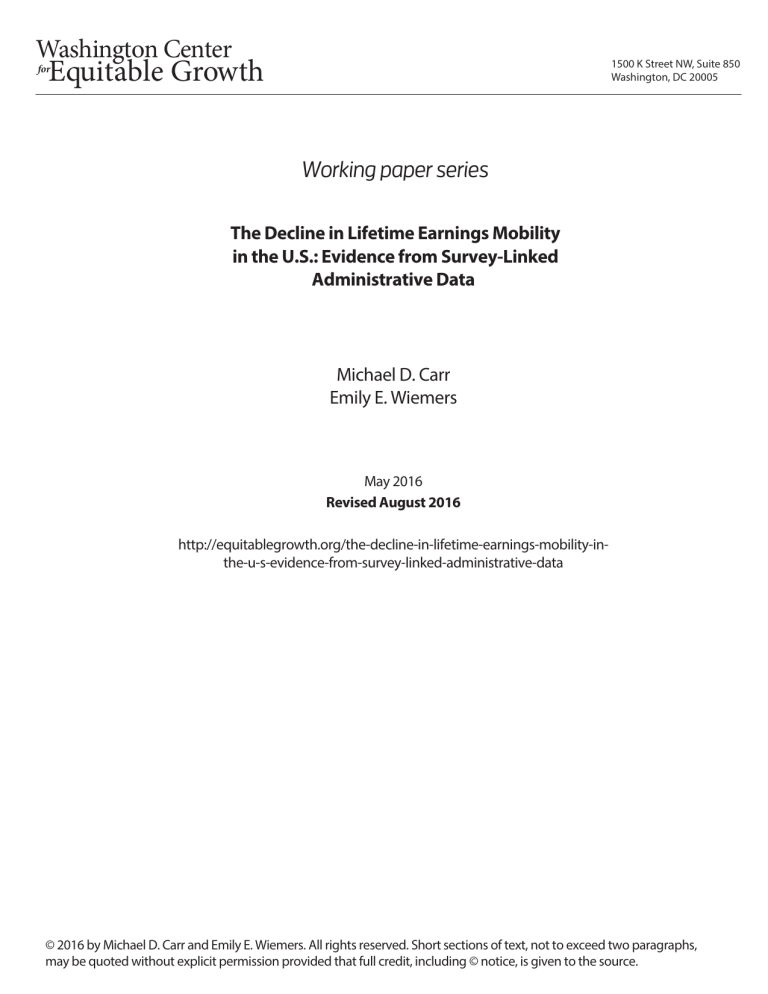 The decline in lifetime earnings mobility in the U.S.: Evidence from survey-linked administrative data