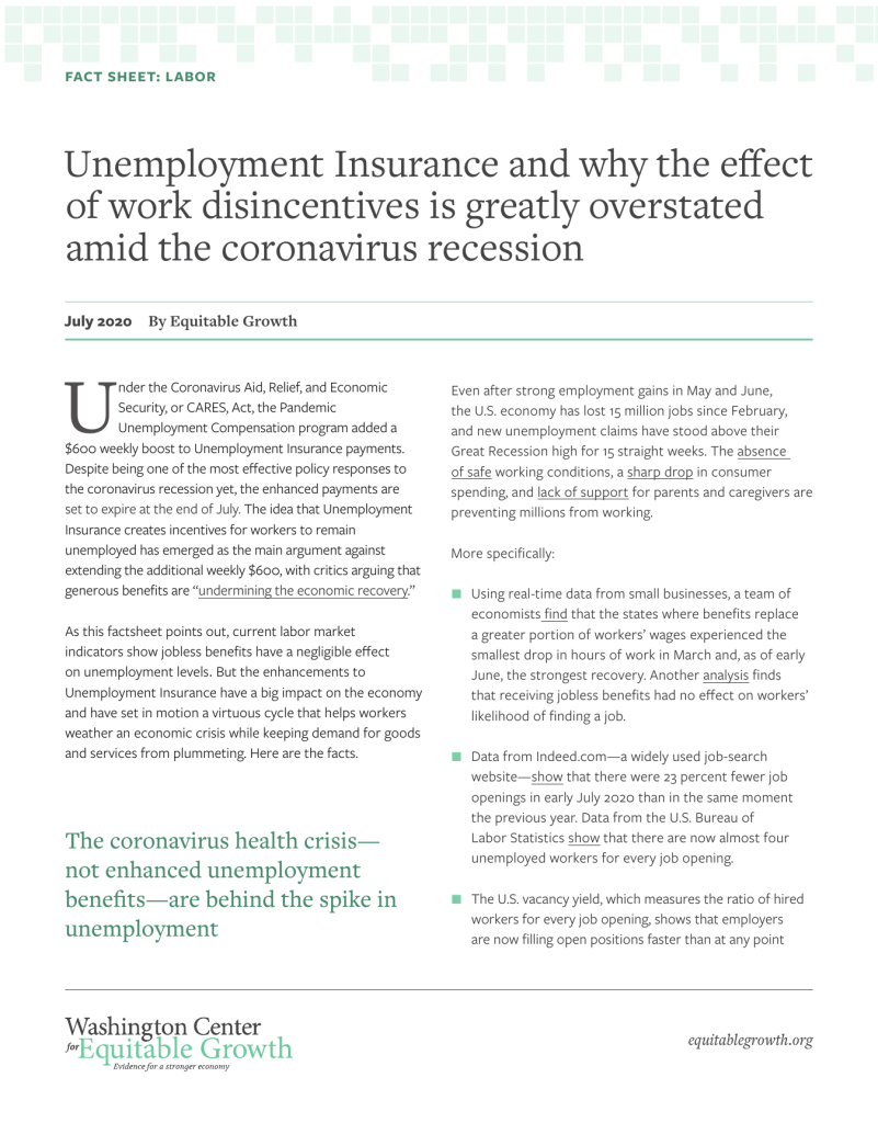Factsheet: Unemployment Insurance and why the effect of work disincentives is greatly overstated amid the coronavirus recession