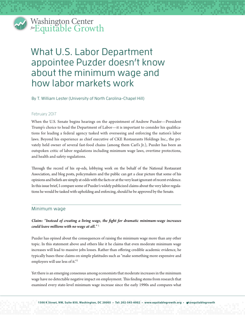 What U.S. Labor Department appointee Puzder doesn’t know about the minimum wage and how labor markets work